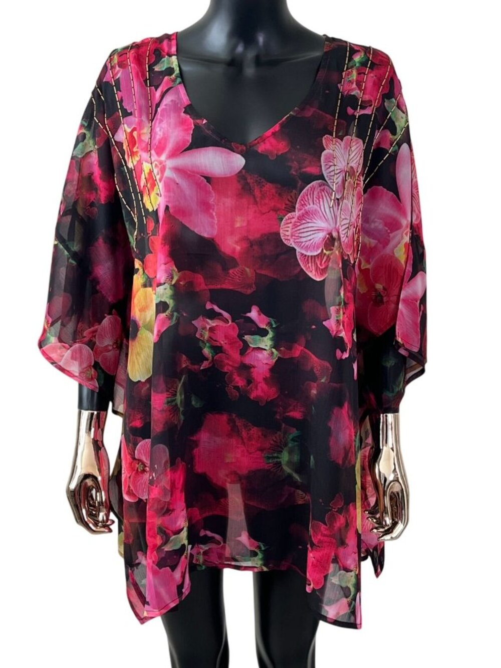 XllX Tropical Floral Poncho NWT Black Pink Beaded Sheer One Size